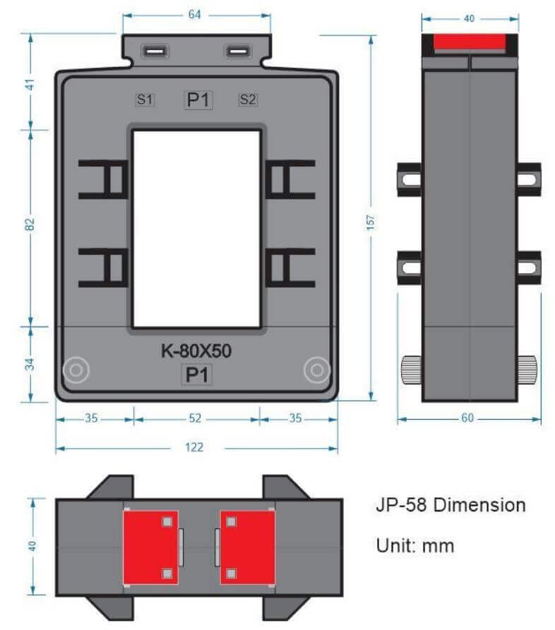 រចនាសម្ព័ន្ធ និង ទំហំ Splitcore CT / CT គៀបតូច / CT គៀបហើបតូច ILEC JP-58 1200/1A 10VA