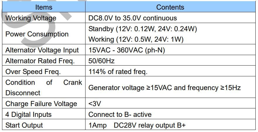 លក្ខណៈបច្ចេកទេស Automatic Control Module - Module បញ្ជាម៉ាសីភ្លើង Smartgen HGM180HC