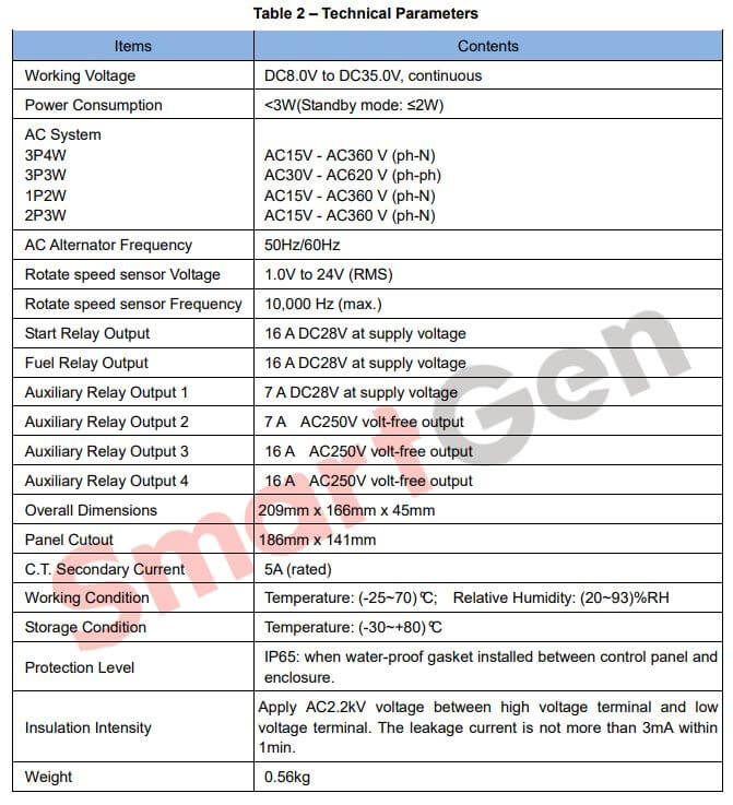 លក្ខណៈបច្ចេកទេស Genset controller - ខួរក្បាលបញ្ជាម៉ាសីភ្លើង Smartgen HGM6110N-KM