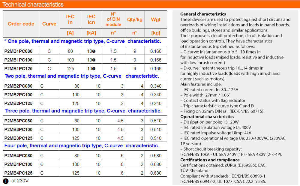 លក្ខណៈបច្ចេកទេស specifications Lovato P2MB2PC100 ( MCB )