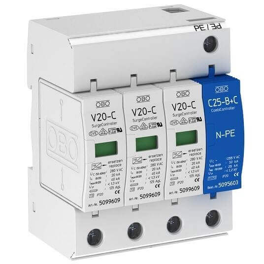 OBO V20-C/3+NPE-280 : ការពាររន្ទះរាលដាល ៣ហ្វា LN230VAC Imax 120kA