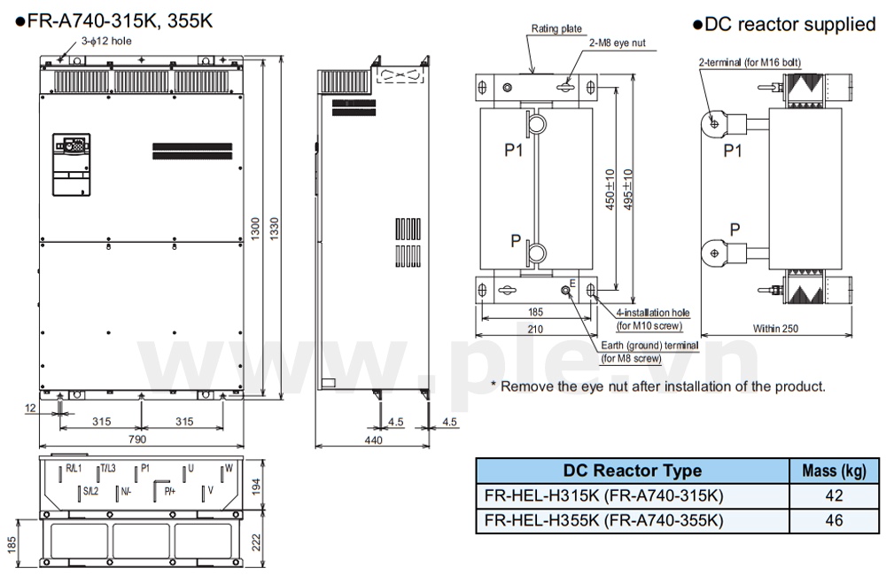 ទំហំ Mitsubishi FR-A740-355K – អាំងវឺតទ័រ 3 ហ្វារ 355kW  380~480VAC