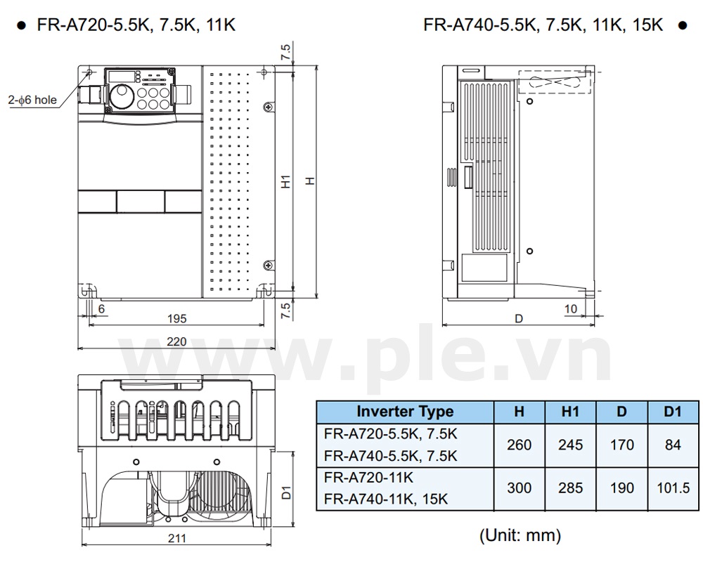 ទំហំ Mitsubishi FR-A740-7.5K – អាំងវឺតទ័រ 3 ហ្វារ 7,5kW  380~480VAC