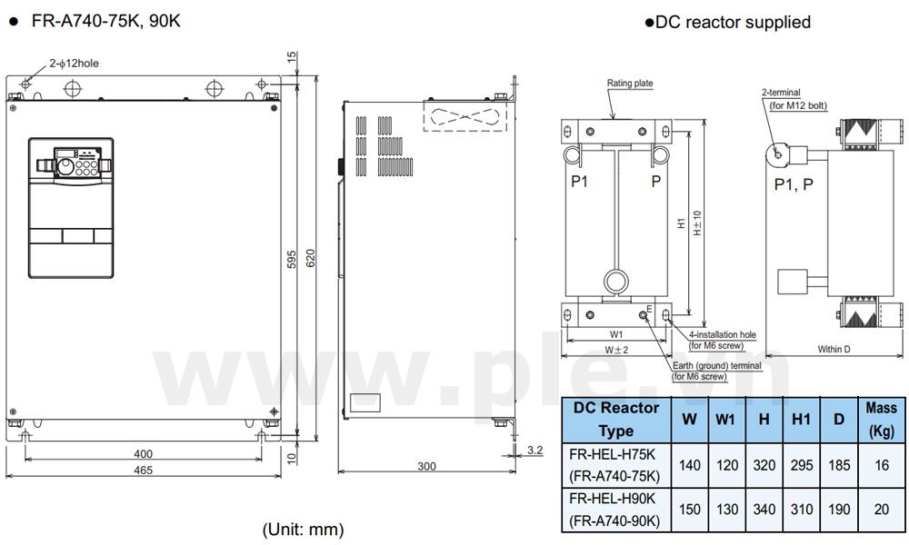 ទំហំ Mitsubishi FR-A740-90K – អាំងវឺតទ័រ 3 ហ្វារ 90kW  380~480VAC