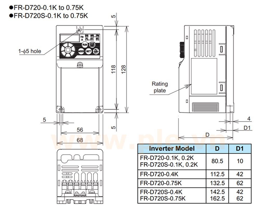 ទំហំ Mitsubishi FR-D720-0.2K – អាំងវឺតទ័រ 3 ហ្វារ 0,2kW  200~240VAC