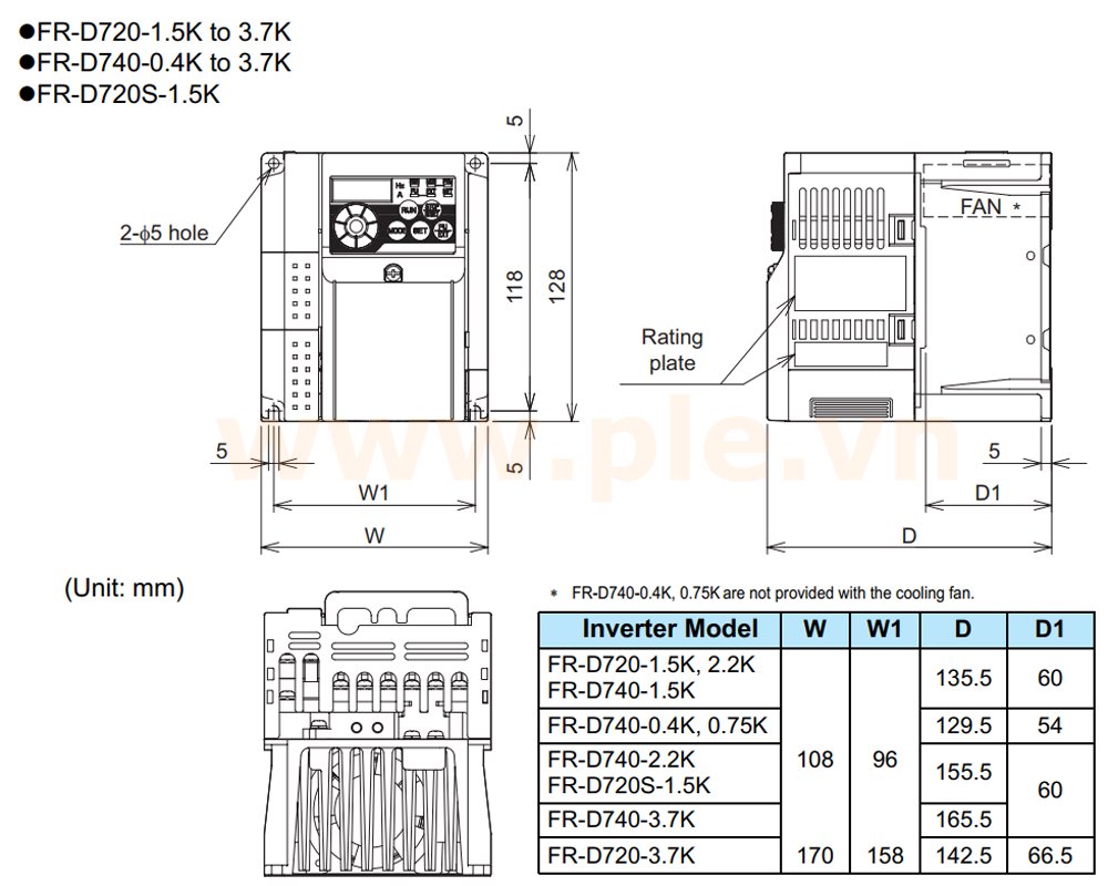 ទំហំ Mitsubishi FR-D740-1.5K – អាំងវឺតទ័រ 3 ហ្វារ 1,5kW  380~480VAC