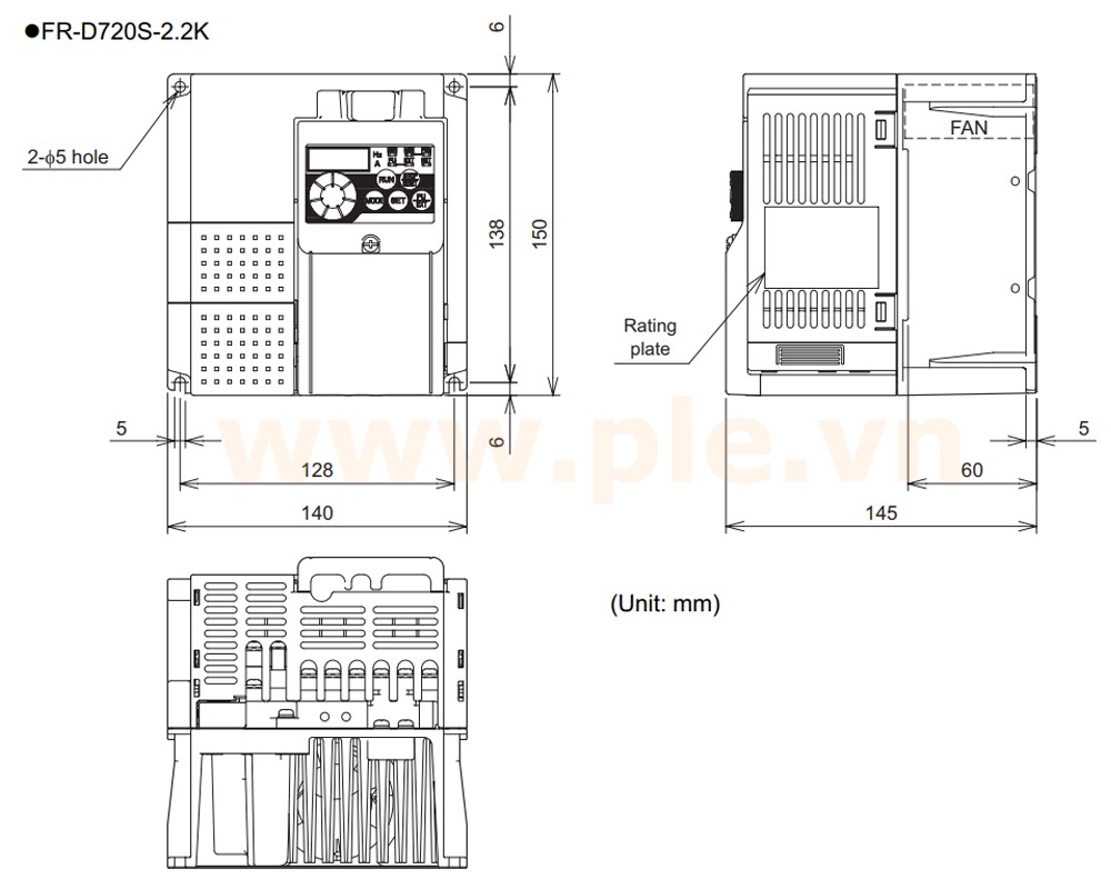 ទំហំ Mitsubishi FR-D720S-2.2K – អាំងវឺតទ័រ 3 ហ្វារ 2,2kW  200~240VAC