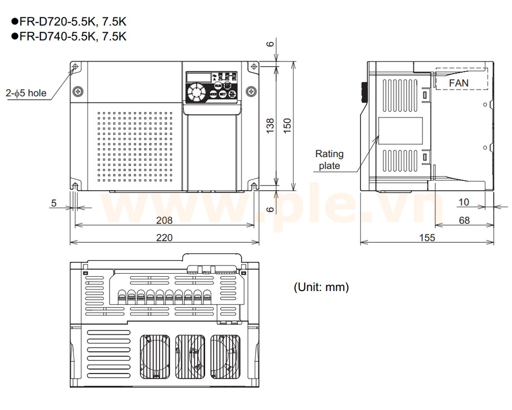 ទំហំ Mitsubishi FR-D720-5.5K – អាំងវឺតទ័រ 3 ហ្វារ 5,5kW  200~240VAC