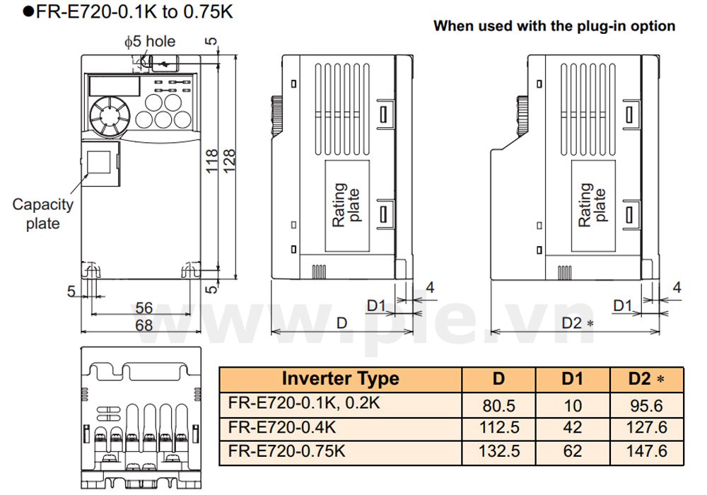 ទំហំ Mitsubishi FR-E720-0.4K – អាំងវឺតទ័រ 3 ហ្វារ 0,4kW  200~240VAC