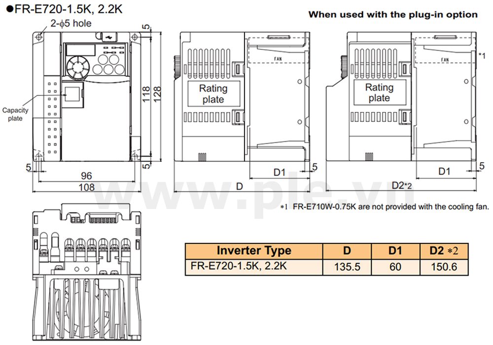 ទំហំ Mitsubishi FR-E720-2.2K – អាំងវឺតទ័រ 3 ហ្វារ 2,2kW  200~240VAC