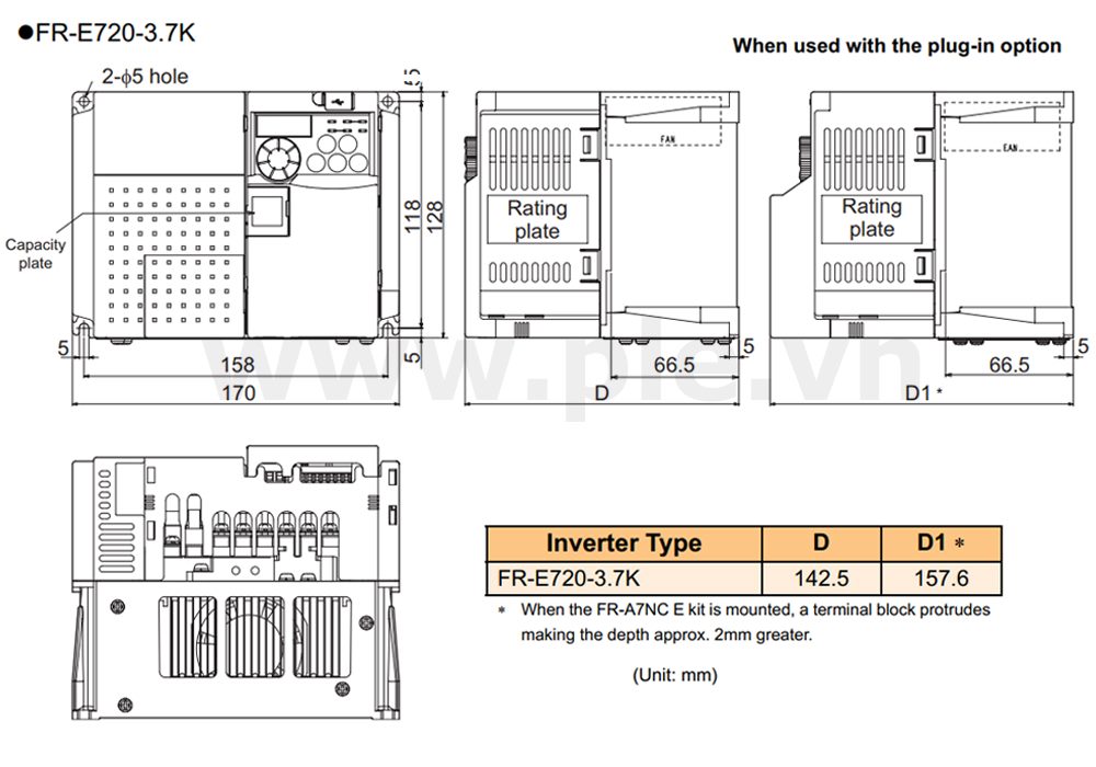 ទំហំ Mitsubishi FR-E720-3.7K – អាំងវឺតទ័រ 3 ហ្វារ 3,7kW  200~240VAC