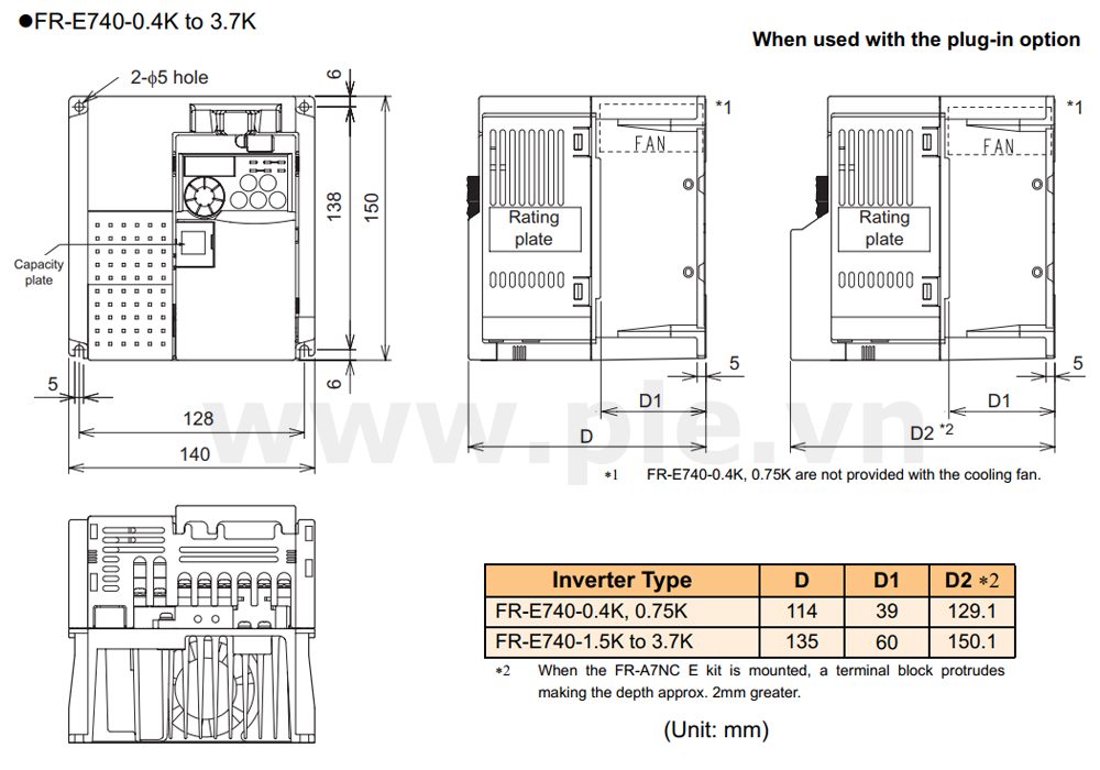 ទំហំ Mitsubishi FR-E740-2.2K – អាំងវឺតទ័រ 3 ហ្វារ 2,2kW  380~480VAC