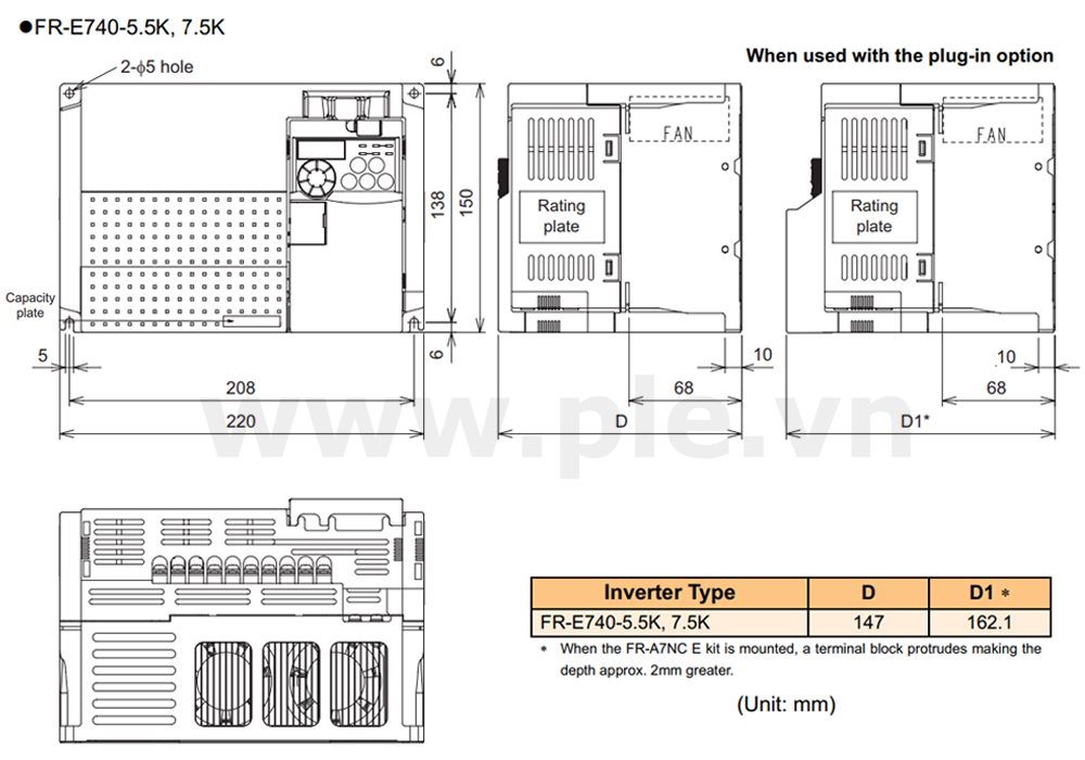 ទំហំ Mitsubishi FR-E740-5.5K – អាំងវឺតទ័រ 3 ហ្វារ 5,5kW  380~480VAC