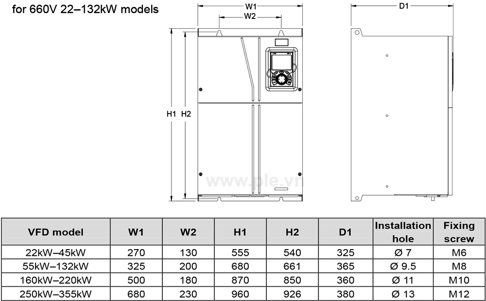 ទំហំ INVT GD350-090G-6 - អាំងវឺរទ័រ 3P 90 kW 520V~690V AC
