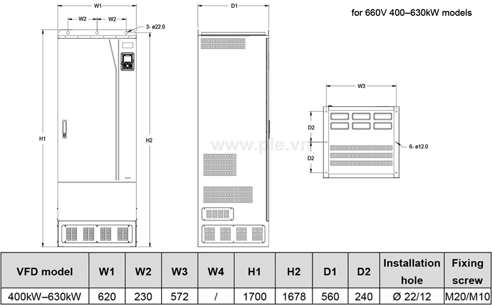 ទំហំ INVT GD350-200G-6 - អាំងវឺរទ័រ 3P 200 kW 520V~690V AC