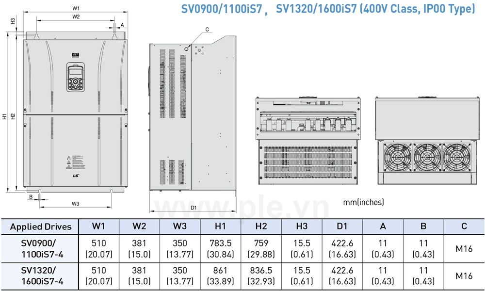 ទំហំ LS SV1100IS7-4SOD អាំងវឺរទ័រ 3P 110kW 223A/264A, 400V