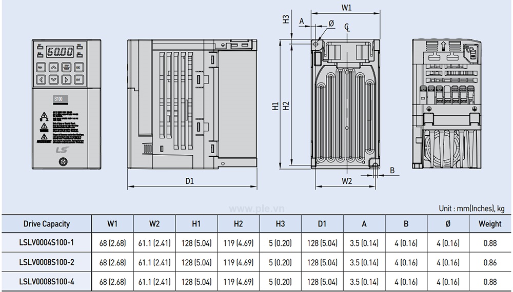 ទំហំ LS LSLV0004S100-1EONNS អាំងវឺរទ័រ 1P 0.4/0.75kW  200V