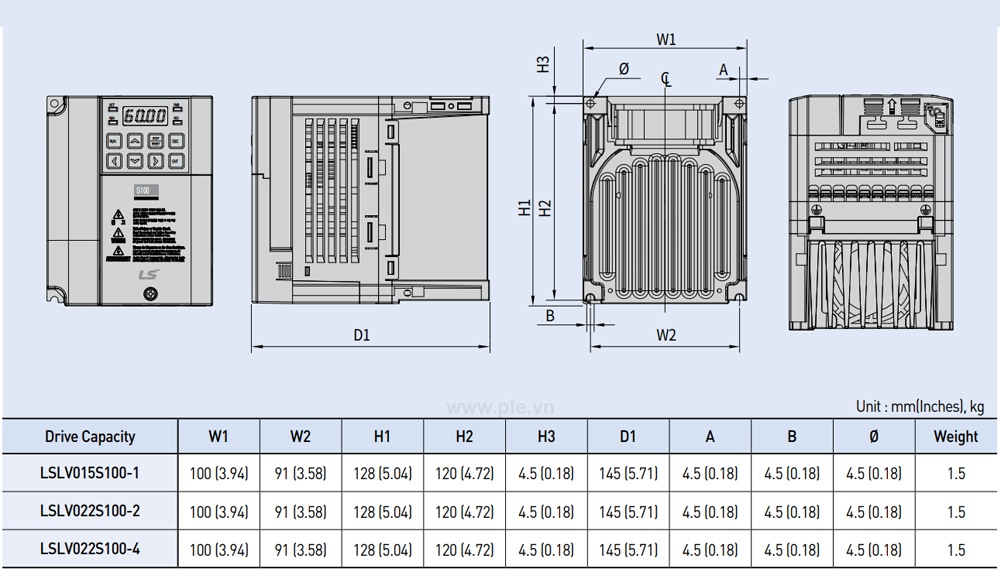ទំហំ LS LSLV0022S100-2EONNS អាំងវឺរទ័រ 3P 2.2/3.7kW  200V