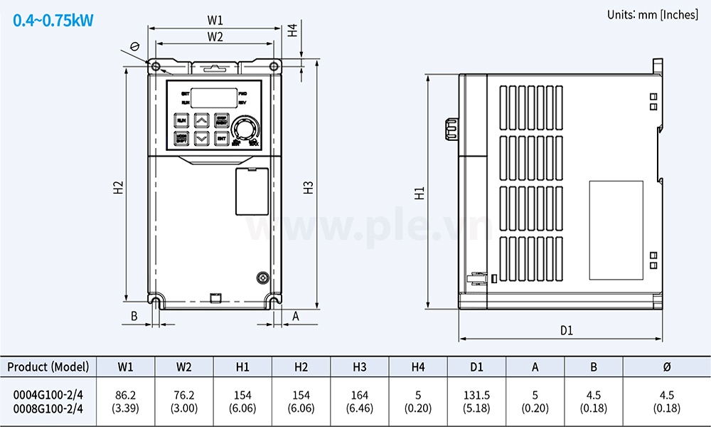 ទំហំ LSLV0008G100-4EOFN - អាំងវឺរទ័រ 3P 0.75kW 400V