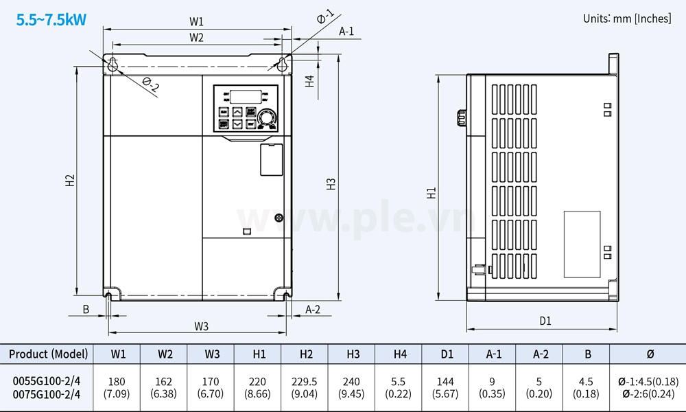ទំហំ LSLV0055G100-4EOFN - អាំងវឺរទ័រ 3P 5.5kW 400V