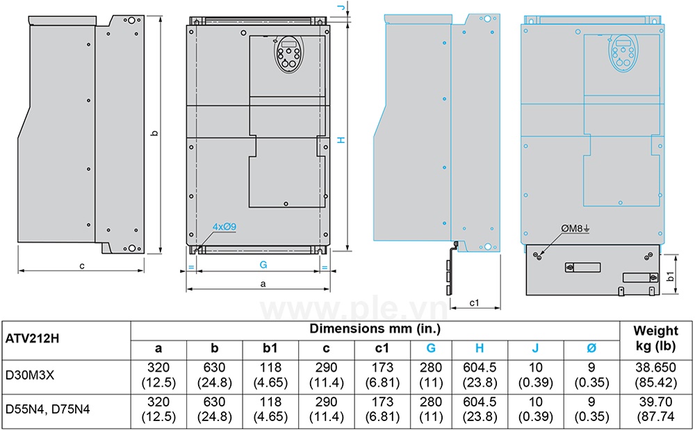 ទំហំ Schneider ATV212HD30M3X - អាំងវឺរទ័រ 3P 30kW  40HP