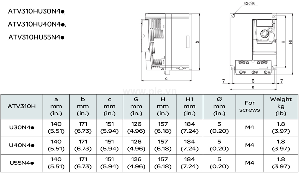 ទំហំ Schneider ATV310HU40N4E - អាំងវឺរទ័រ 3P 4kW  5HP