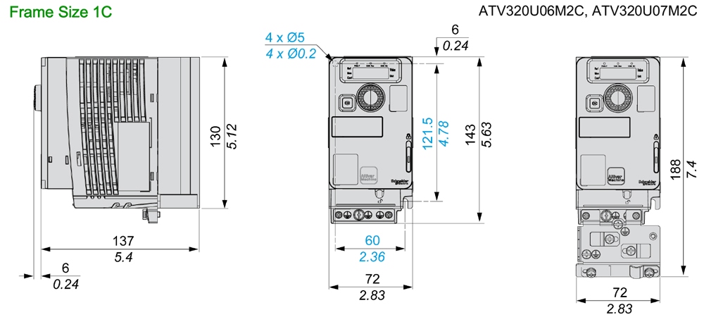 ទំហំ Schneider ATV320U06M2C - អាំងវឺរទ័រ 1P 0.55kW  0.75HP