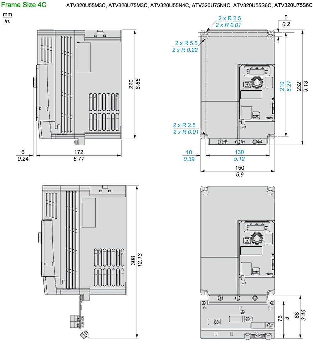 ទំហំ Schneider ATV320U75S6C - អាំងវឺរទ័រ 3P 7.5kW  10HP