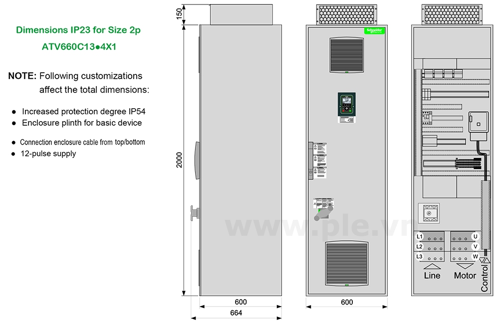 ទំហំ Schneider ATV660C20Q4X1 - អាំងវឺរទ័រ 3P 200kW (270HP)