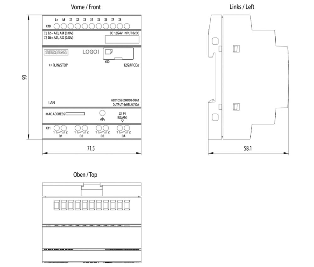 Kích thước Siemens Simatic 6ED1052-2MD08-0BA1 : Bộ lập trình điều khiển LOGO! 12/24RCEO