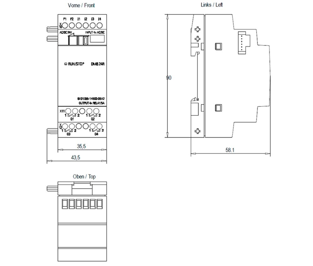 Kích thước Siemens Simatic 6ED1055-1HB00-0BA2 : Mô đun mở rộng LOGO! DM8 24R