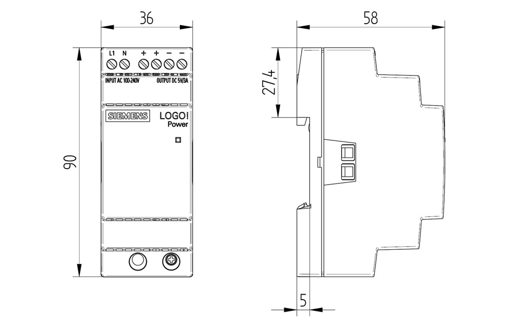 Kích thước Siemens Simatic 6EP3310-6SB00-0AY0 : Bộ nguồn LOGO! POWER 5V 3A