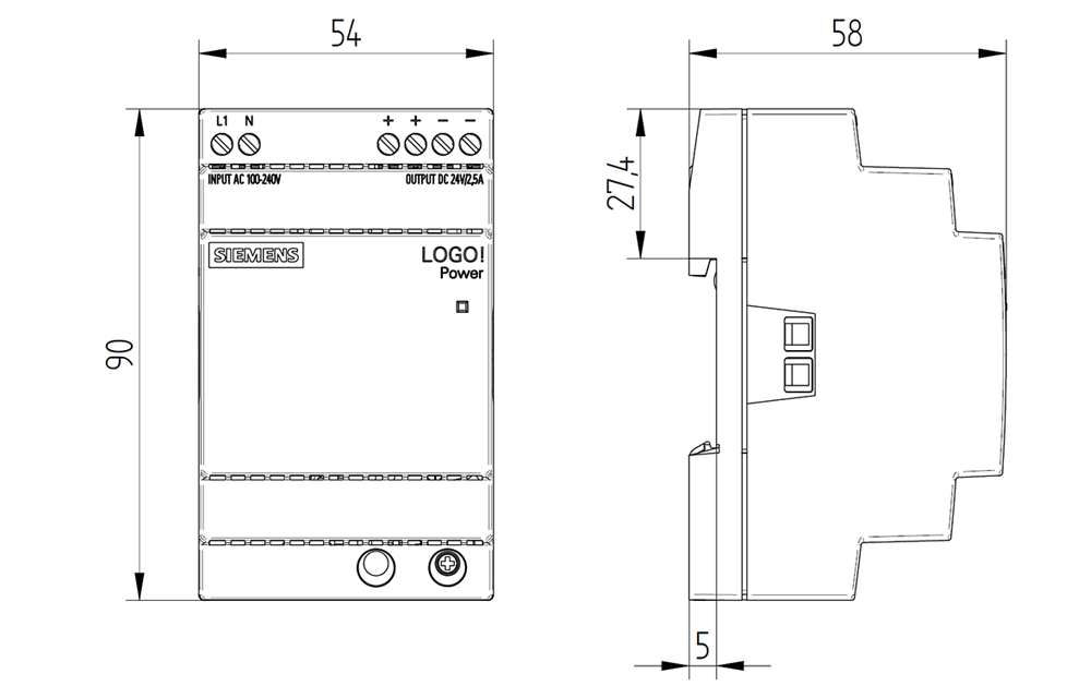 Kích thước Siemens Simatic 6EP3332-6SB00-0AY0 : Bộ nguồn LOGO! POWER 24V 2.5A