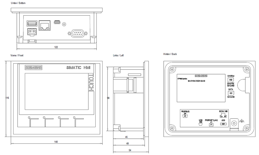 Kích thước Siemens Simatic 6AV2124-2DC01-0AX0 : Màn hình Simatics HMI