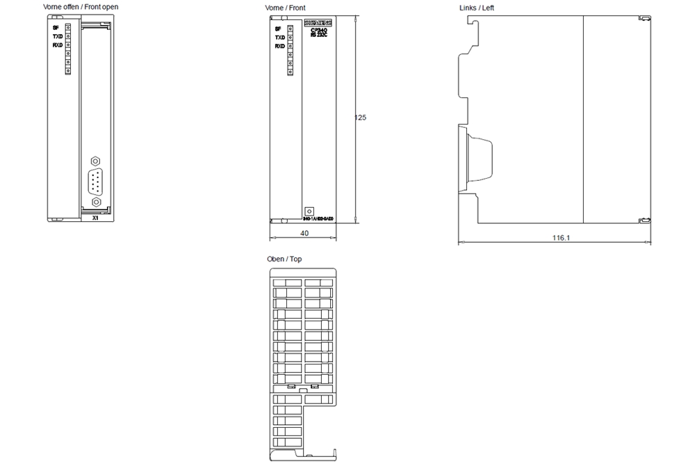 Kích thước Siemens Simatic 6ES7340-1CH02-0AE0 : Mô đun truyền thông CP340 Simatics S7-300