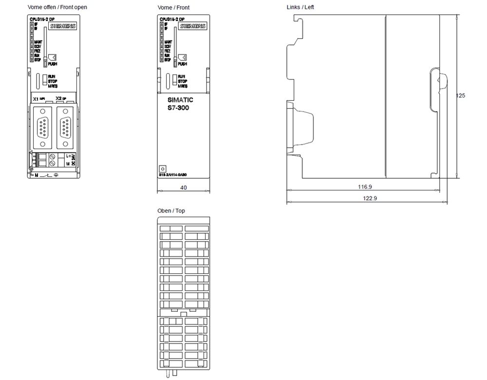 Kích thước Siemens Simatic 6AG1315-2AH14-7AB0 : Bộ xử lý trung tâm CPU 315-2DP Simatics S7-300