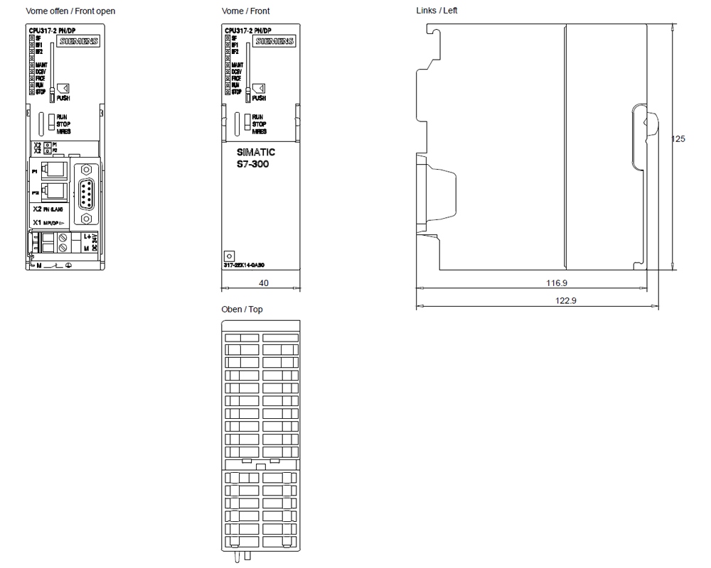 Kích thước Siemens Simatic 6ES7317-2EK14-0AB0 : Bộ xử lý trung tâm CPU 317-2 PN/DP Simatics S7-300