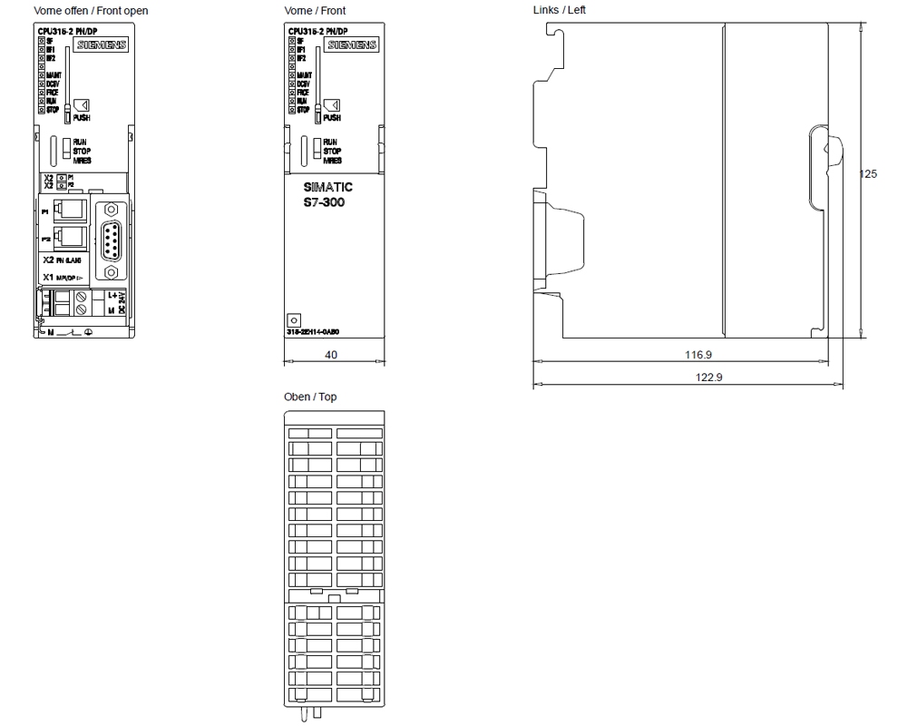 Kích thước Siemens Simatic 6ES7315-2EH14-0AB0 : Bộ xử lý trung tâm CPU 315-2 PN/DP Simatics S7-300