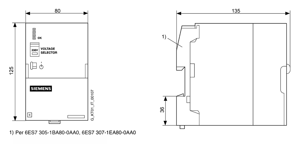Kích thước Siemens Simatic 6ES7305-1BA80-0AA0 : Bộ nguồn Simatics S7-300