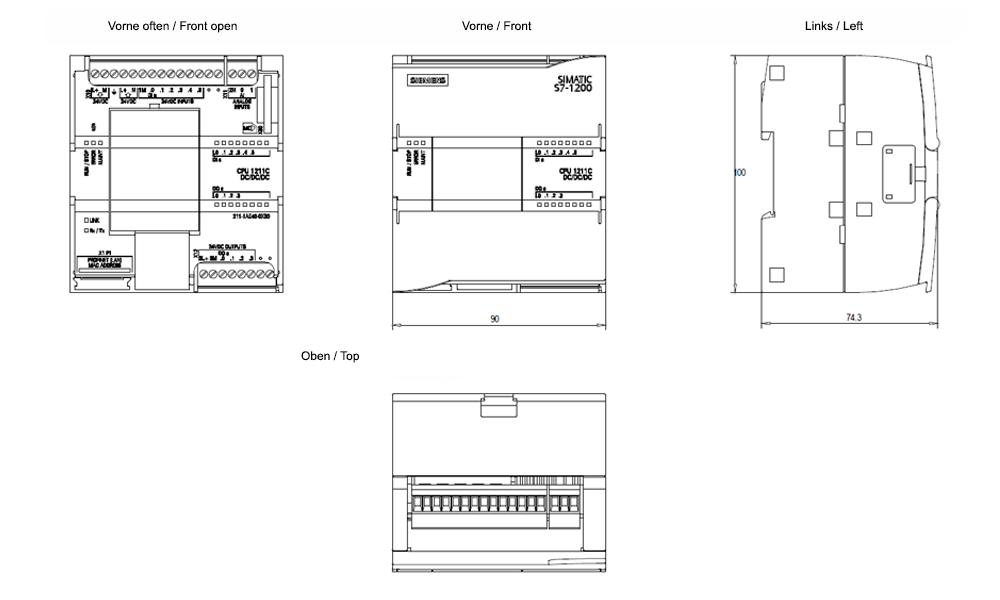 Kích thước Siemens Simatic 6ES7212-1HE40-0XB0 : Bộ lập trình điều khiển CPU 1212C Simatics S7-1200