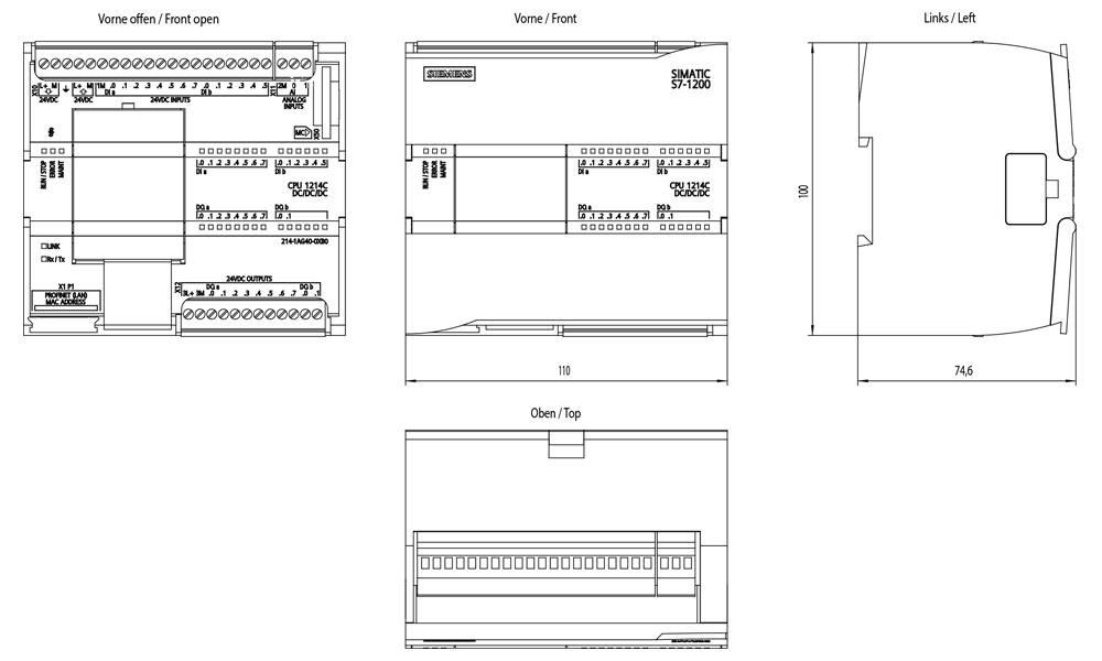 Kích thước Siemens Simatic 6ES7214-1AG40-0XB0 : Bộ lập trình điều khiển CPU 1214C Simatics S7-1200