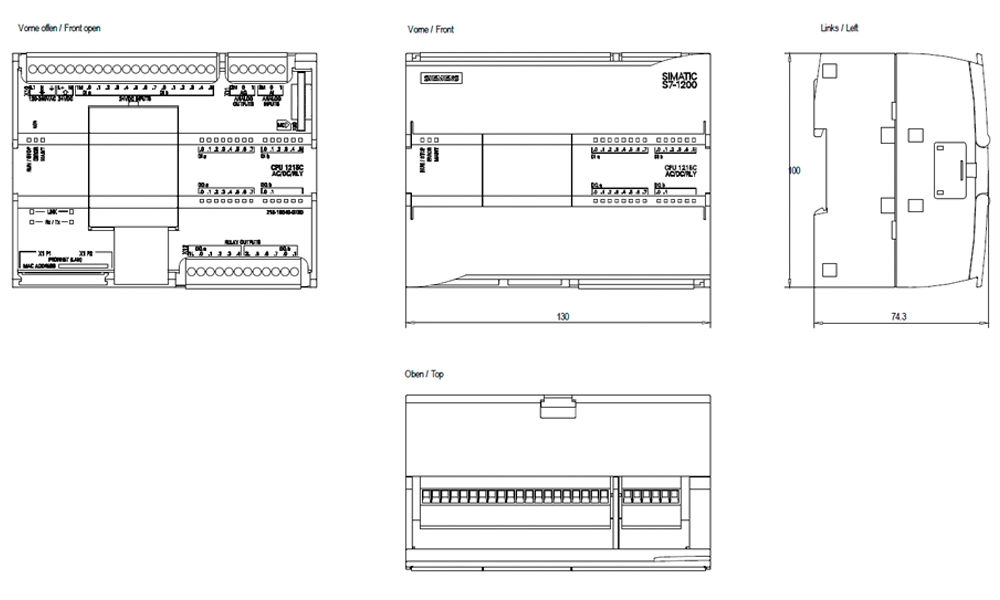 Kích thước Siemens Simatic 6ES7215-1HG40-0XB0 : Bộ lập trình điều khiển CPU 1215C Simatics S7-1200