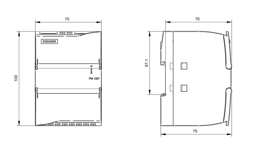 Kích thước Siemens Simatic 6EP1332-1SH71 : Mô đun nguồn PM1207 Simatics S7-1200