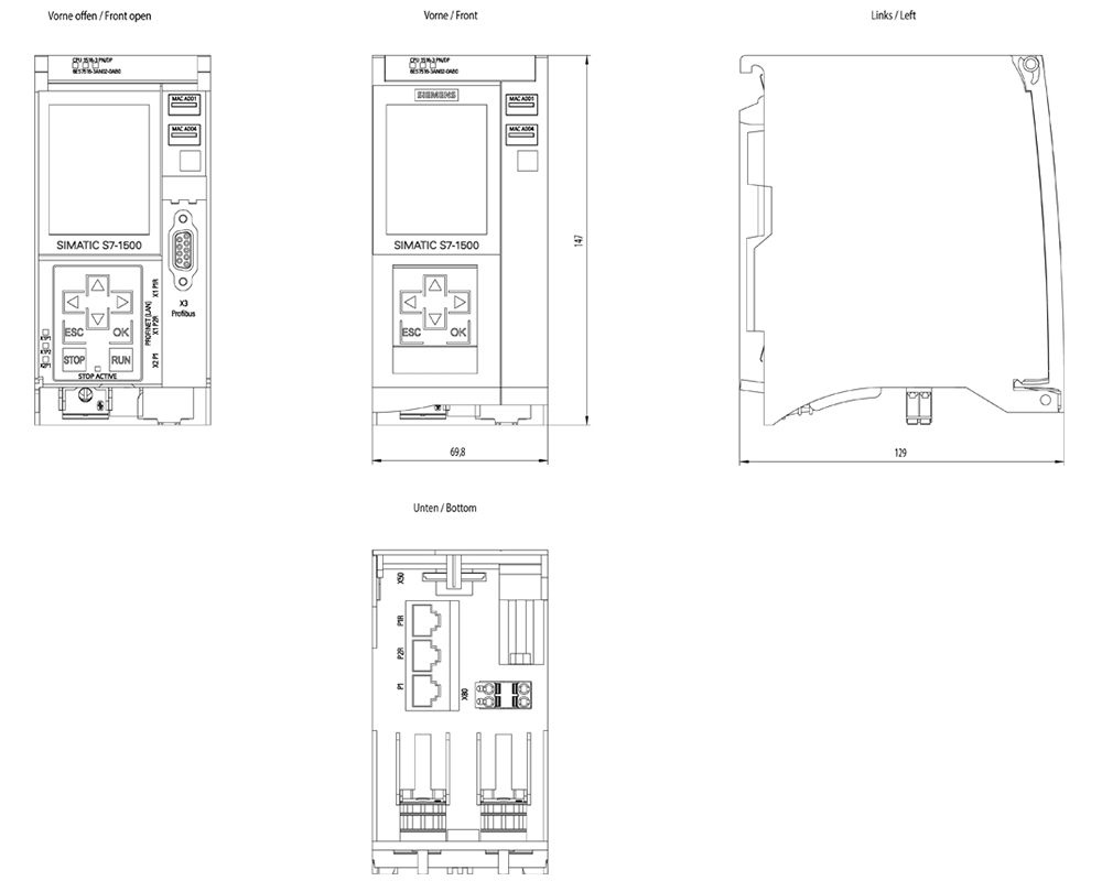 Kích thước Siemens Simatic 6ES7516-3AN02-0AB0 : Bộ xử lý trung tâm CPU 1516-3 PN/DP Simatics S7-1500