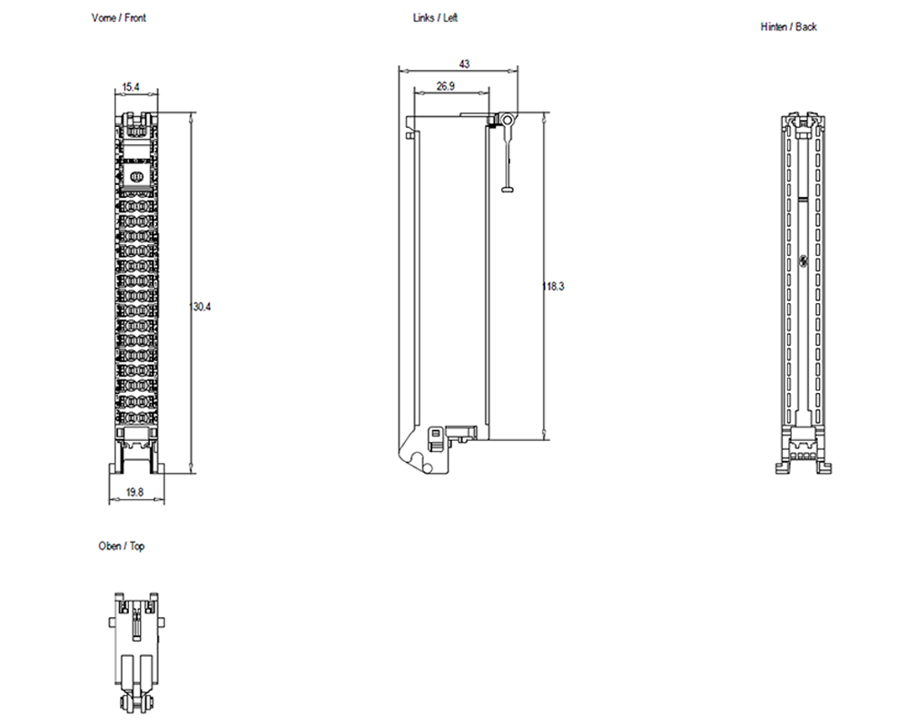 Kích thước Siemens Simatic 6ES7592-1BM00-0XA0 : Đầu nối 40 pin, dạng bắt vít Simatics S7-1500