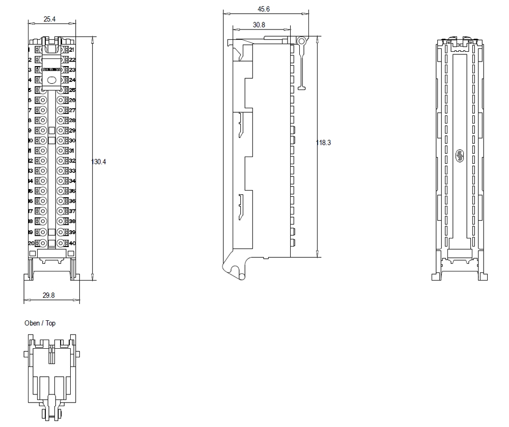 Kích thước Siemens Simatic 6ES7592-1BM00-0XB0 : Đầu nối 40 pin, dạng bắt vít Simatics S7-1500