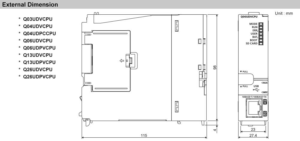 Kích thước PLC Mitsubishi Q13UDPVCPU
